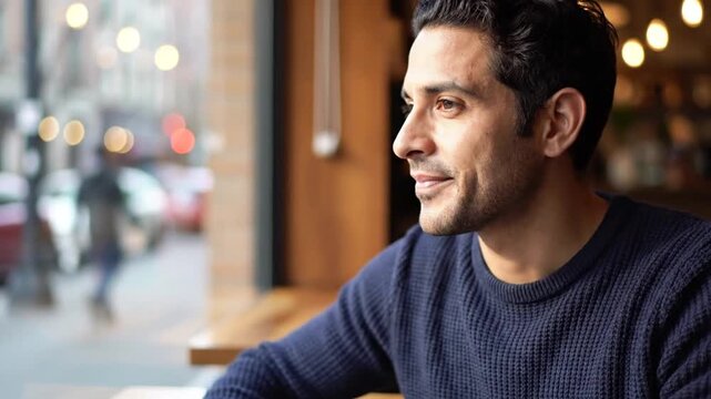 Thoughtful man looking out cafe window at city street