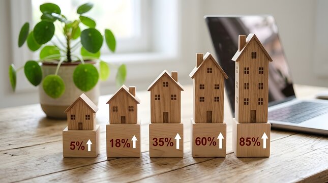 Increasing house prices concept with wooden models and percentage growth