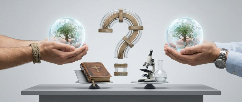 creationism concept with symbolic elements representing faith and science featuring hands holding a glowing earth highlighting the debate between belief systems in a clean studio setting