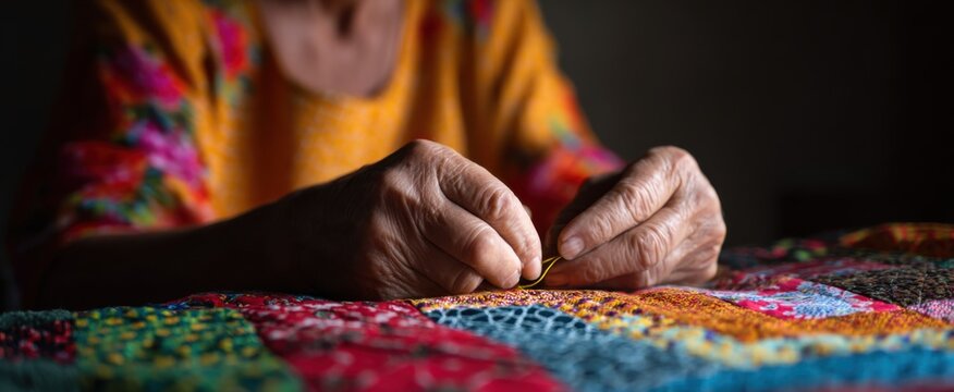 lady crafting a vibrant quilt by hand using a needle and yarn