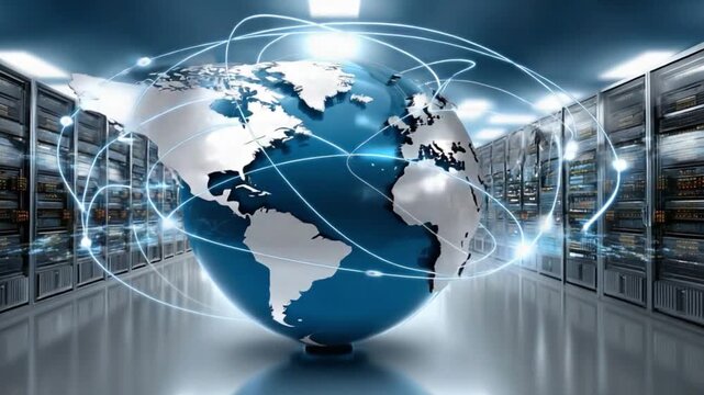 Global Data Network: A dynamic representation of the world, intertwined with a web of digital connections within a cutting-edge server room.