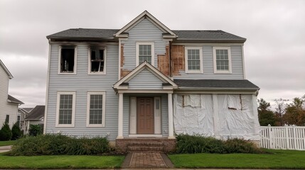 Obraz premium Two-story house with damaged siding and boarded window during cloudy day featuring wooden path, green lawn, shrubbery, and white picket fence in suburban residential area