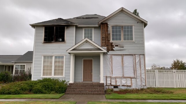 Damaged two story house with missing siding and boarded up window after fire damage, cloudy sky, suburban neighborhood residential area