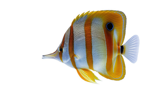 Striped copperband butterflyfish with orange and white stripes, isolated on transparent background
