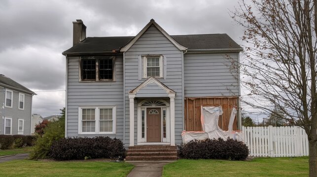 Damaged two-story house with burnt upper windows, missing exterior siding, patched wall, white wooden fence, and cloudy sky during daytime in suburban neighborhood