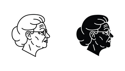 Profile portrait of elderly woman with glasses and bun hairstyle for senior care services and healthcare branding in elegant black and white vector line art icon style for professional design © Purely