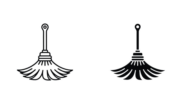 Household duster tool icon in black and white line art and solid silhouette styles for cleaning service branding and domestic chores design projects