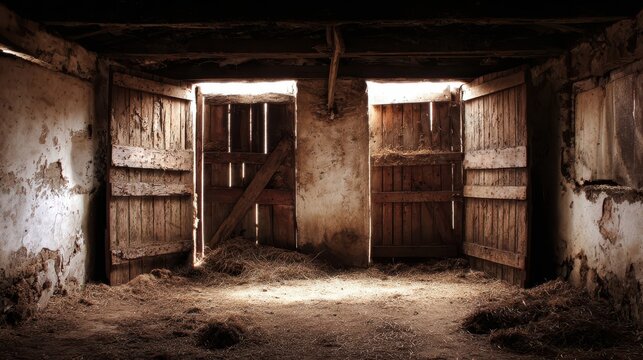 Interior of an aged wooden barn with open doors.