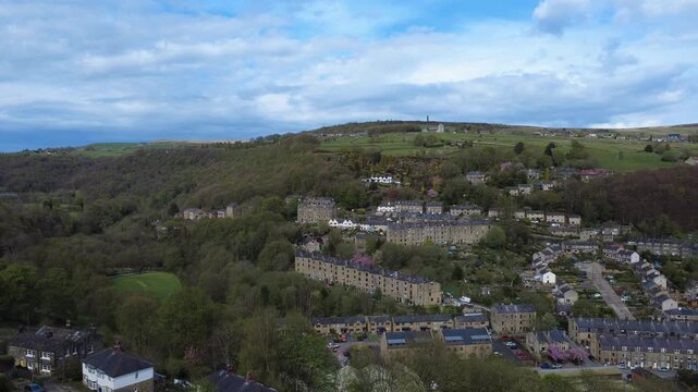 Aerial view of residential houses around the Keighley Road area of Hebden Bridge with Old Town and Chiserley visible in the distance