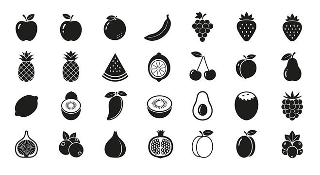 Collection of Black Fruit Icons Isolated on White Background, Various Fresh Fruits Represented in Simple Silhouette Style