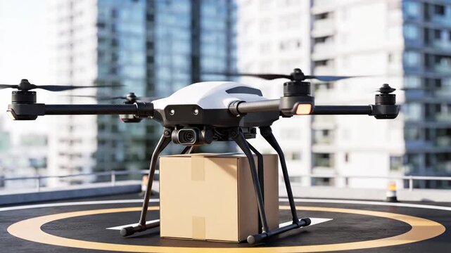 A delivery drone carrying a cardboard box lands on a rooftop helipad in a modern city.