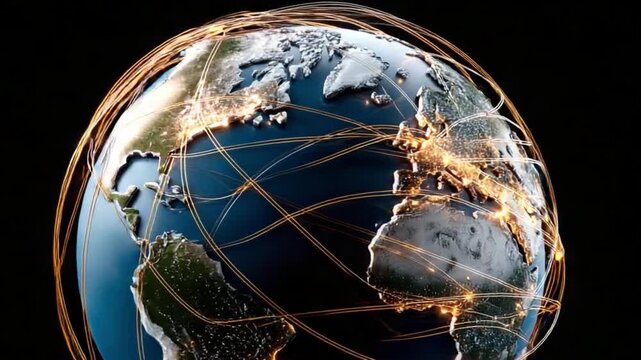Global Connection: An illuminated globe showcases the interconnectedness of our world through a network of radiant lines, symbolizing the seamless flow of information and ideas across continents. 