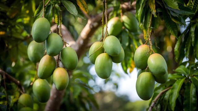 Lush green mangoes hanging on tree branch with leaves in bright daylight 4K Ai HD high quality video.