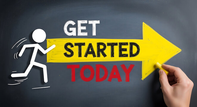 Get started today motivational chalkboard with yellow arrow and stick man