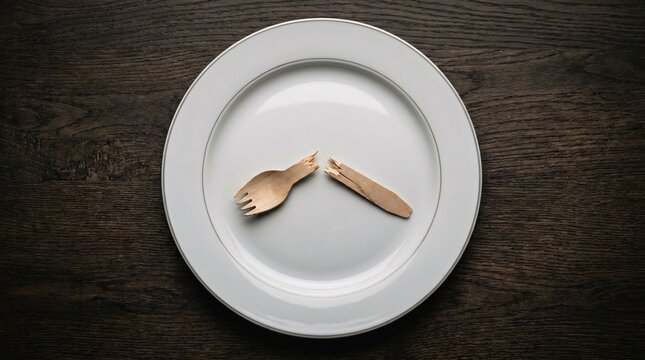 A broken disposable wooden fork on a premium empty porcelain plate, a conceptual still-life illustrating throwaway culture, fast consumerism, and unsustainable dining habits