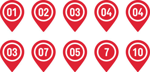 Numbered map pin set, red location markers from one to ten for navigation travel tracking and geographic information design. © Mr. Tasin