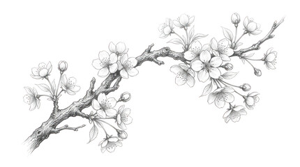 Fototapeta premium Detailed sketch of a blooming tree branch with flowers and leaves on transparent background transparent background