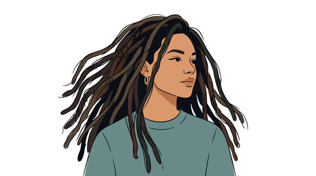 Illustration of a woman with dreadlocks looking away, isolated on white