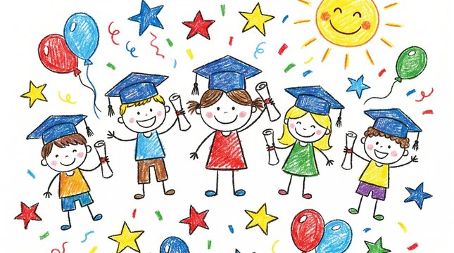 Joyful group of diverse young graduates celebrating academic success with diplomas and balloons in a cheerful illustration