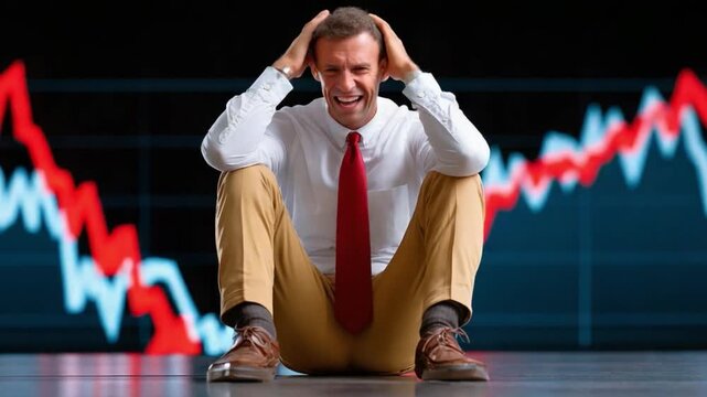 Stock Market Downturn: A man is sitting in distress in front of a falling stock chart, reflecting the impact of the economic situation.