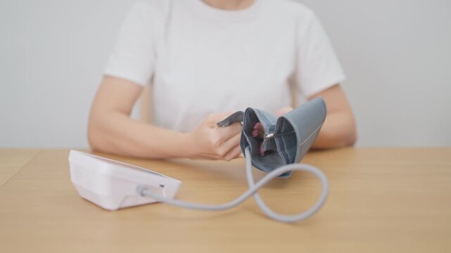 woman checking Blood pressure by Blood pressure monitor with Cuff. Systolic, SYS, Diastolic, DIA, Pulse, Hypertension, Hypotension, Heart rate, Cardiovascular Disease and May World hypertension day