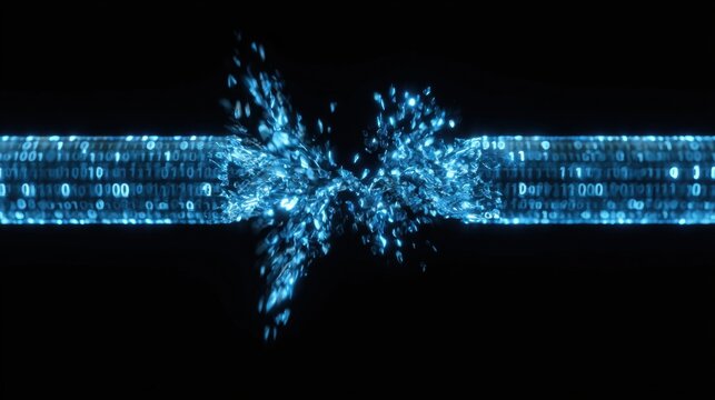Digital binary code chain breaking apart with glowing blue particles symbolizing cybersecurity failure or data breach in futuristic technology concept