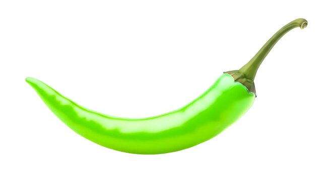 A single, vibrant green chili pepper with a curved shape and a fresh brown stem, shown against a solid white background.