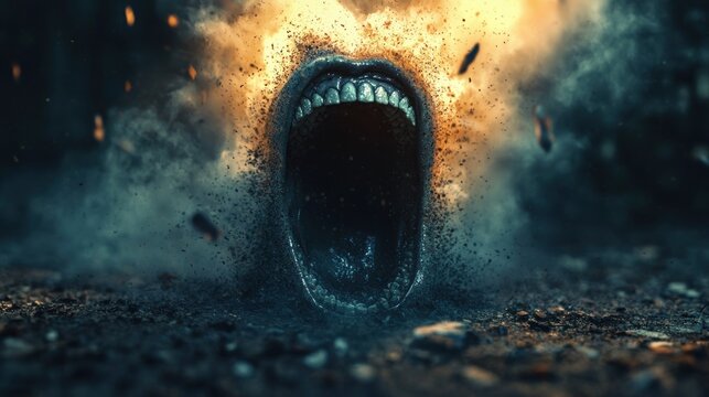 Exploding mouth with smoke and debris