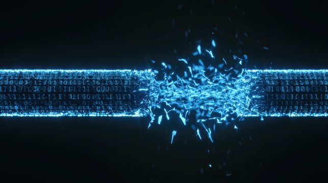 Digital binary code breaking apart in glowing blue network connection illustrating data fragmentation or cyber attack on secure system with high detail