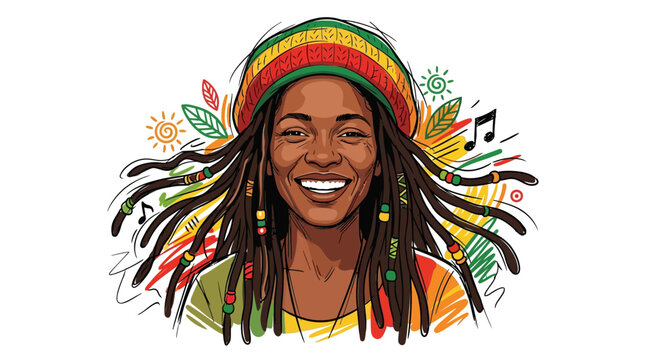 Joyful woman with dreadlocks and rastafarian hat, smiling