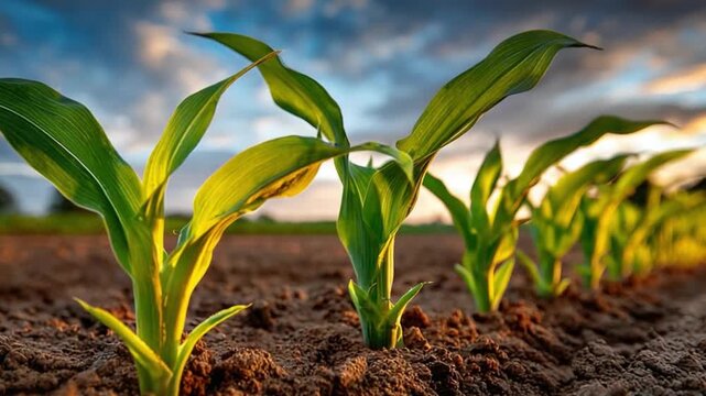 Emerging Corn Stalks:  A vibrant row of young corn stalks, bathed in the golden light of the sun, emerges from the rich, dark soil.