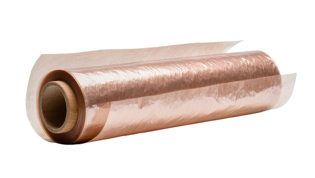 Rolled copper foil paper on cardboard tube, isolated on transparent background