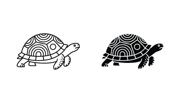 Turtle silhouette and outline vector icon with geometric shell pattern for wildlife and nature design