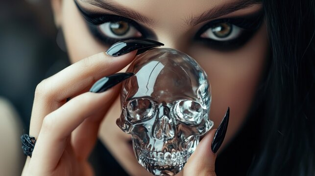 Woman holding crystal skull close up