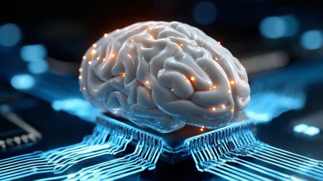 Intelligent Brain: A detailed representation of a human brain with glowing neural networks, symbolizing intelligence and the power of the mind, connected to a digital circuit board.