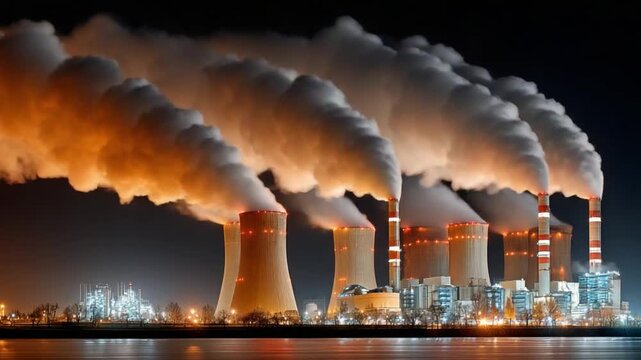 Smoke Stacks and Environmental Concerns: A visually striking depiction of industrial smoke stacks emitting plumes into the atmosphere, representing pollution, industry.