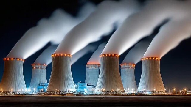 Nuclear Power Plant at Dusk: A series of cooling towers emit plumes of steam into the darkening sky, highlighting the industrial prowess of a nuclear power plant.