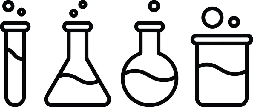 Laboratory flask line art set, clean vector chemistry equipment with bubbling liquid in flasks and test tubes for science laboratory concepts.