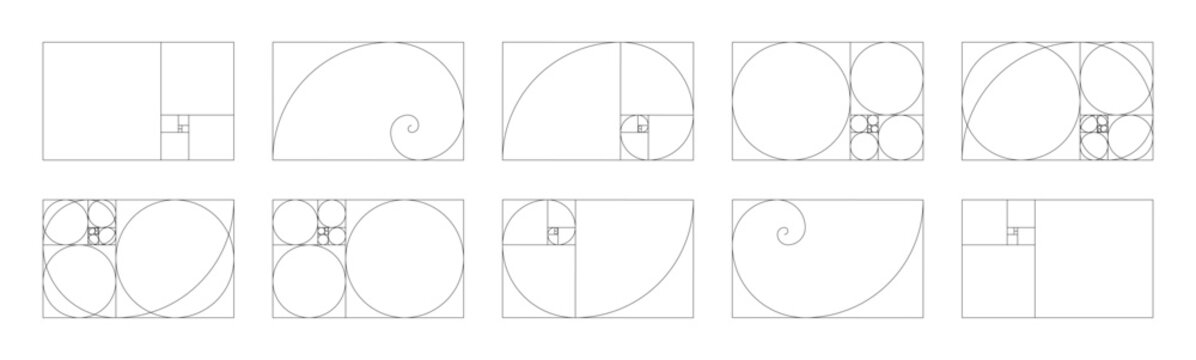 Horizontal golden ratio harmony proportions templates. Fibonacci numbers or array set.