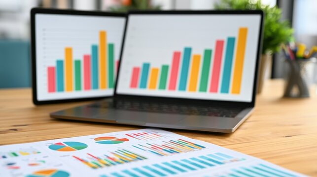 Modern workspace with laptop displaying colorful bar chart and printed sheet with various business graphs and pie charts on wooden table in office environment
