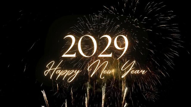 Happy New Year 2029 greeting text with golden fireworks explosion on black background