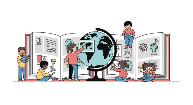Children studying world globe and books illustration