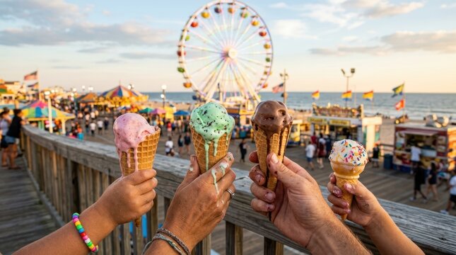 Enjoying ice cream cones on a boardwalk with a Ferris wheel and ocean in background