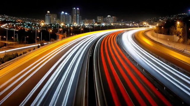 Illuminated Highway: The urban sprawl comes alive at night, as streaks of light from vehicles create an mesmerizing ballet, weaving through the arteries of a bustling city.