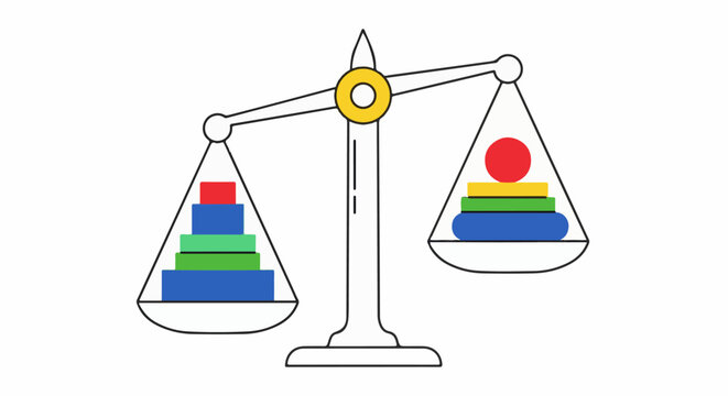 Balanced scales with unequal stacks of colorful blocks