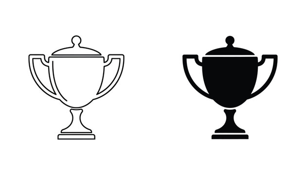 Classic championship trophy cup with lid icon set in line art and solid silhouette styles for sports awards and achievement graphics