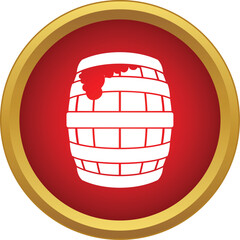 Obraz premium Wooden barrel overflowing with red wine in a round, red, gold bordered icon