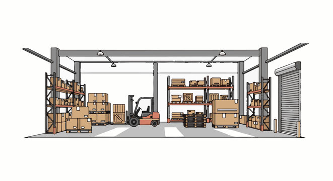 An illustration of a warehouse interior with stacked boxes, racks, and a forklift