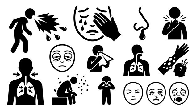 Pollen Allergy Symptom Silhouette Icons Set