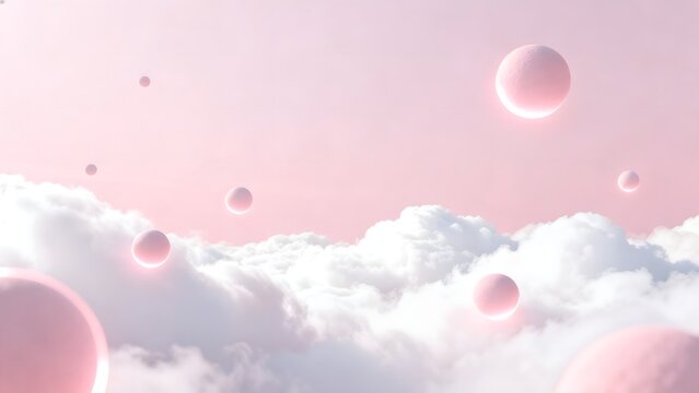 Pink spheres in sky with clouds
